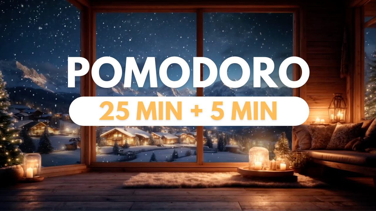 Lovely mountain vibe in a warm cozy cabin, with view over the mountains with snow falling from above, cozy ambience with candle lights.